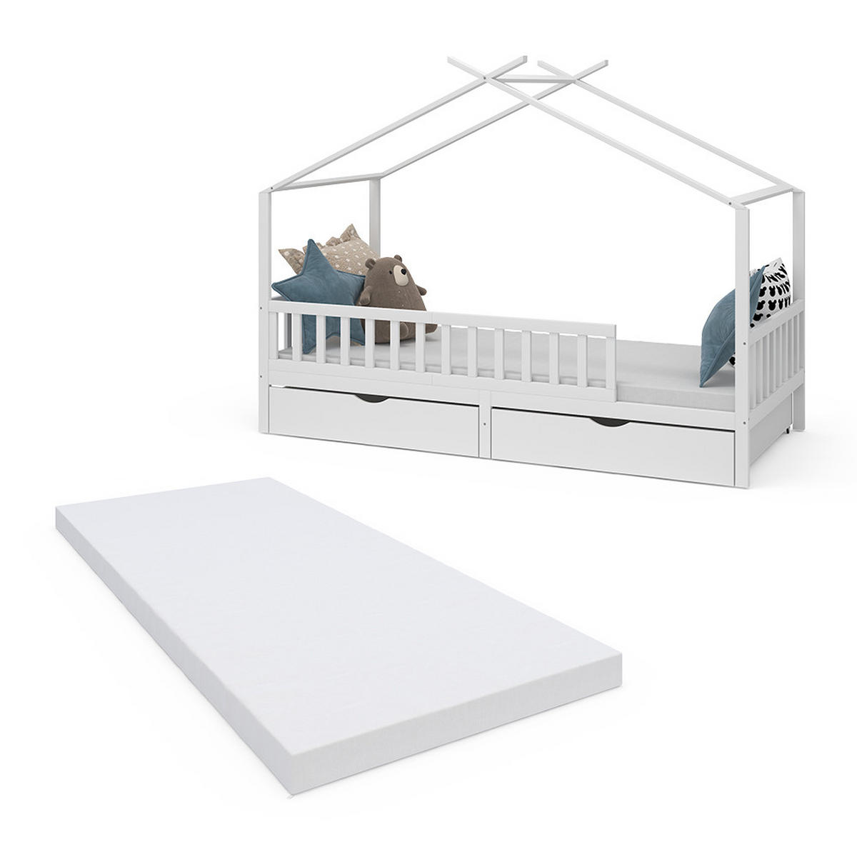 HAUSBETT Franka Weiß 90x200 cm mit 2 Schubladen und Matratze - Weiß, Holzwerkstoff (90/200cm) - VitaliSpa