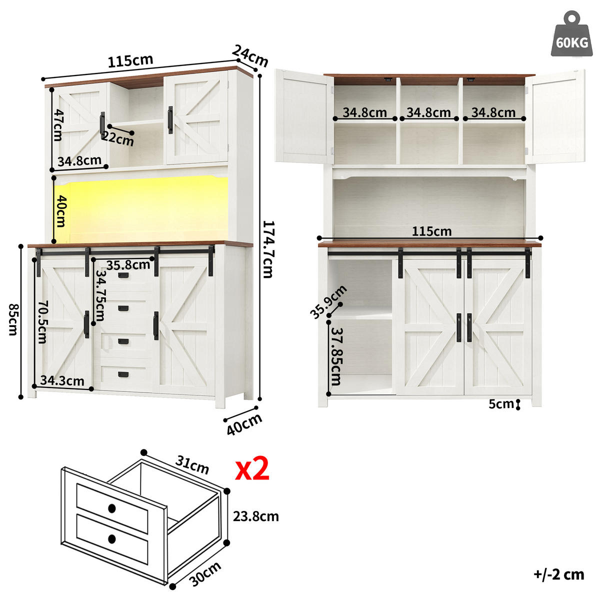 BUFFETSCHRANK, mit farbwechselnder LED-Beleuchtung und viel Stauraum, 115/40/174,7 cm, Weiß - Weiß, Holzwerkstoff (115/174.7/40cm) - Modfu
