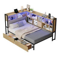 JUGENDBETT 90/200 cm aus MDF und Metall mit LED-Beleuchtung, USB- und Type-C-Anschluss, Stauraum und 2 Schubladen, Natur/Grau - Naturfarben, Holzwerkstoff (90/200cm) - Redom