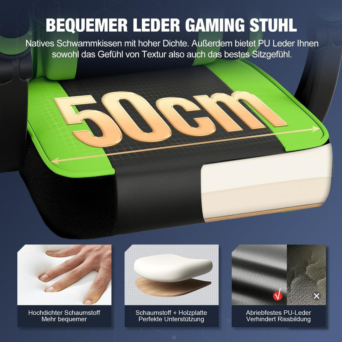 GAMING Stuhl Grün mit Fußstütze und verstellbaren Kissen - Grün, Kunststoff (71/139/71cm)