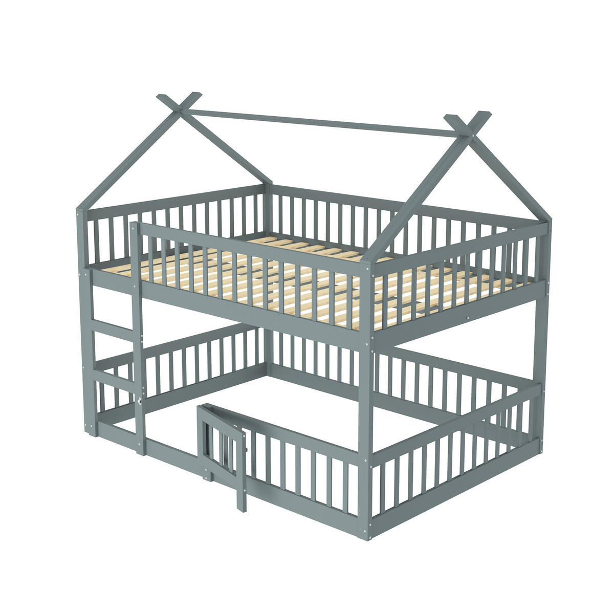 ETAGENBETT 140/200 cm Grau Massivholz mit Treppe und Hochsicherheitzaund - Grau, Holz (140/200cm) - OKWISH