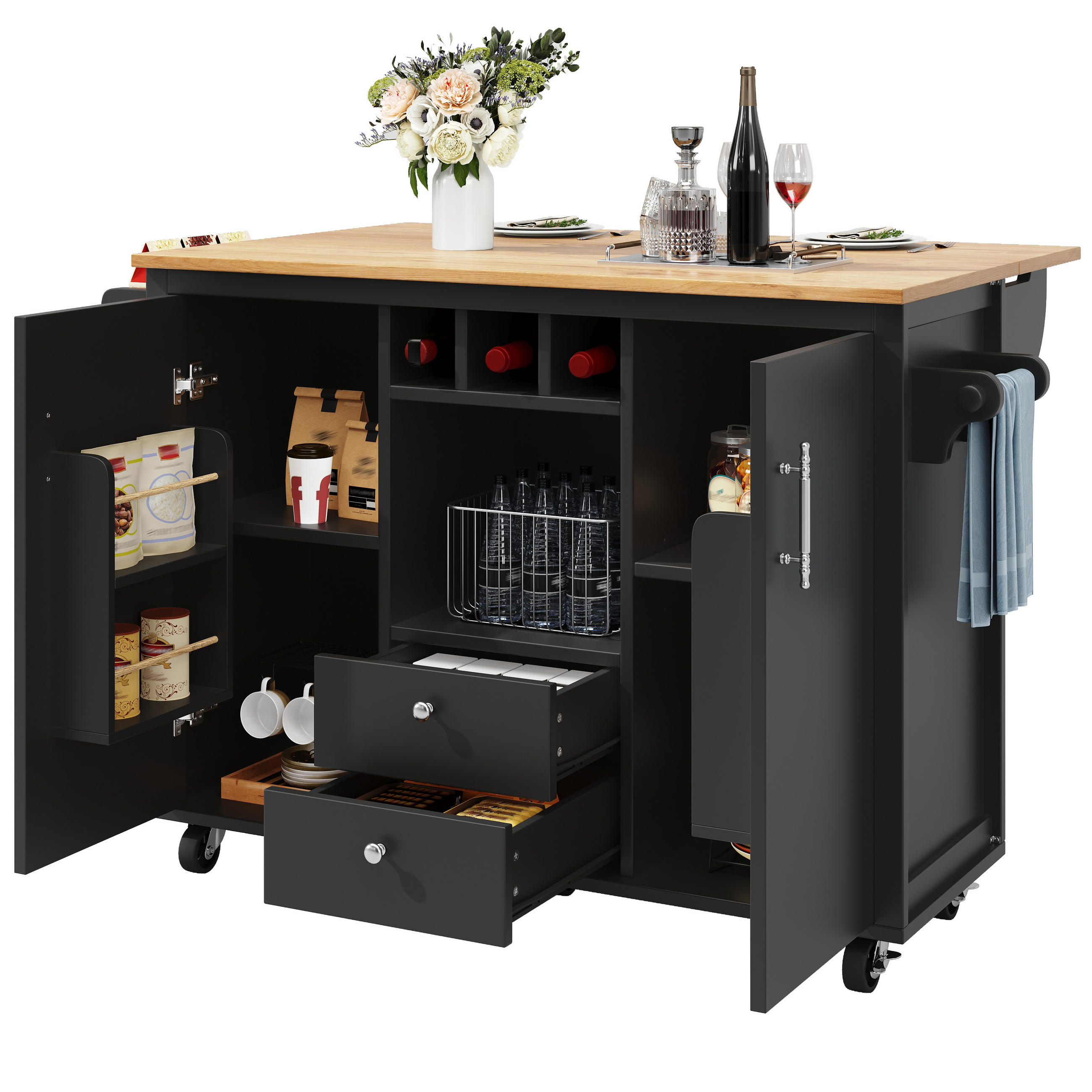 KÜCHENINSEL mit Rollen 138/73/92 cm Schwarz mit Klappplatte, Weinregal und 2 Schubladen - Schwarz, Holz/Holzwerkstoff (137.9/92.5/73cm) - Oxeza