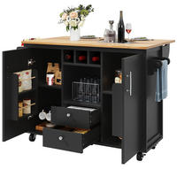 KÜCHENINSEL mit Rollen 138/73/92 cm Schwarz mit Klappplatte, Weinregal und 2 Schubladen - Schwarz, Holz/Holzwerkstoff (137.9/92.5/73cm) - Oxeza