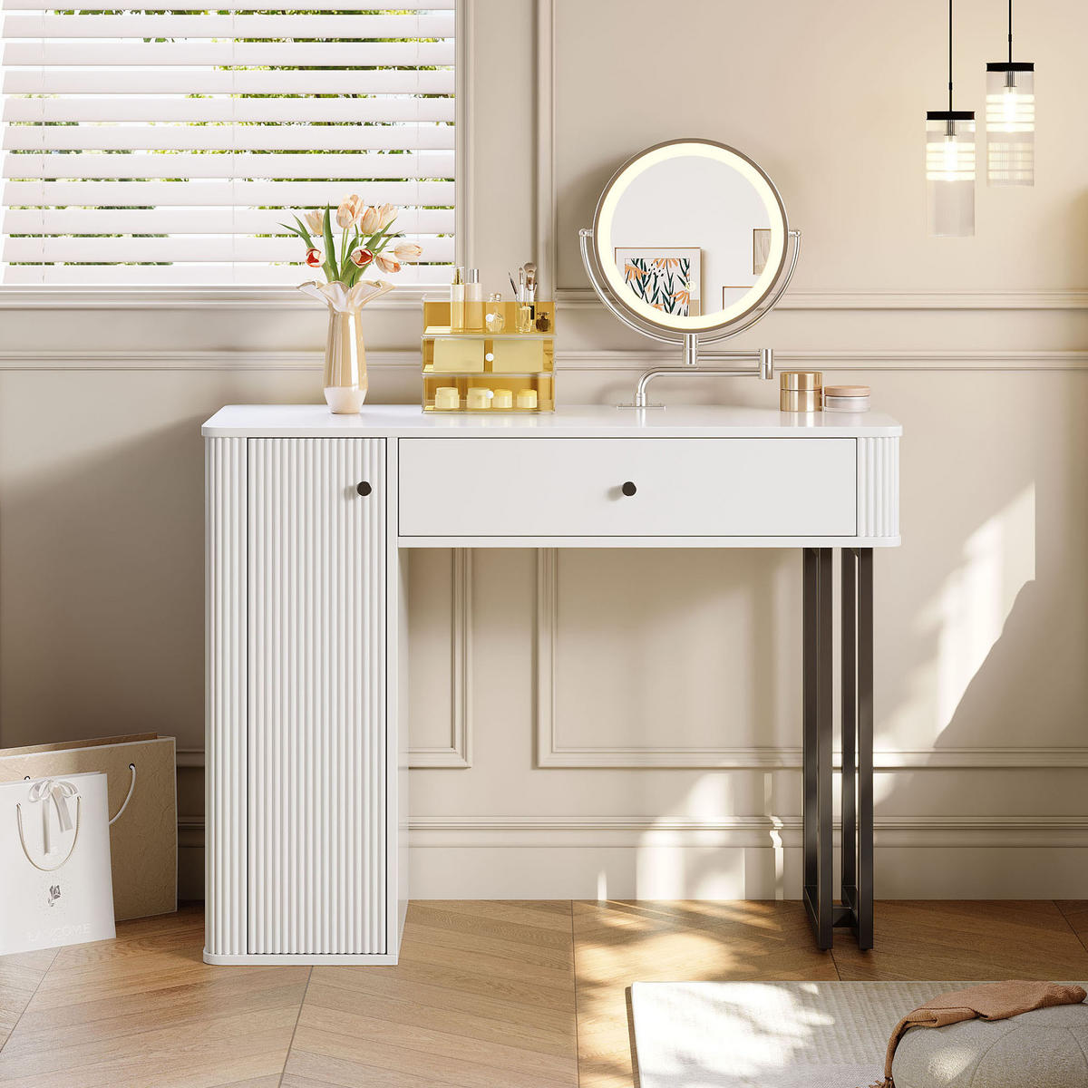 SCHMINKTISCH 40/100/116 cm Weiß mit LED-Beleuchtung Spiegel und Stauraum - Weiß, Holzwerkstoff (40/116/100cm) - OKWISH