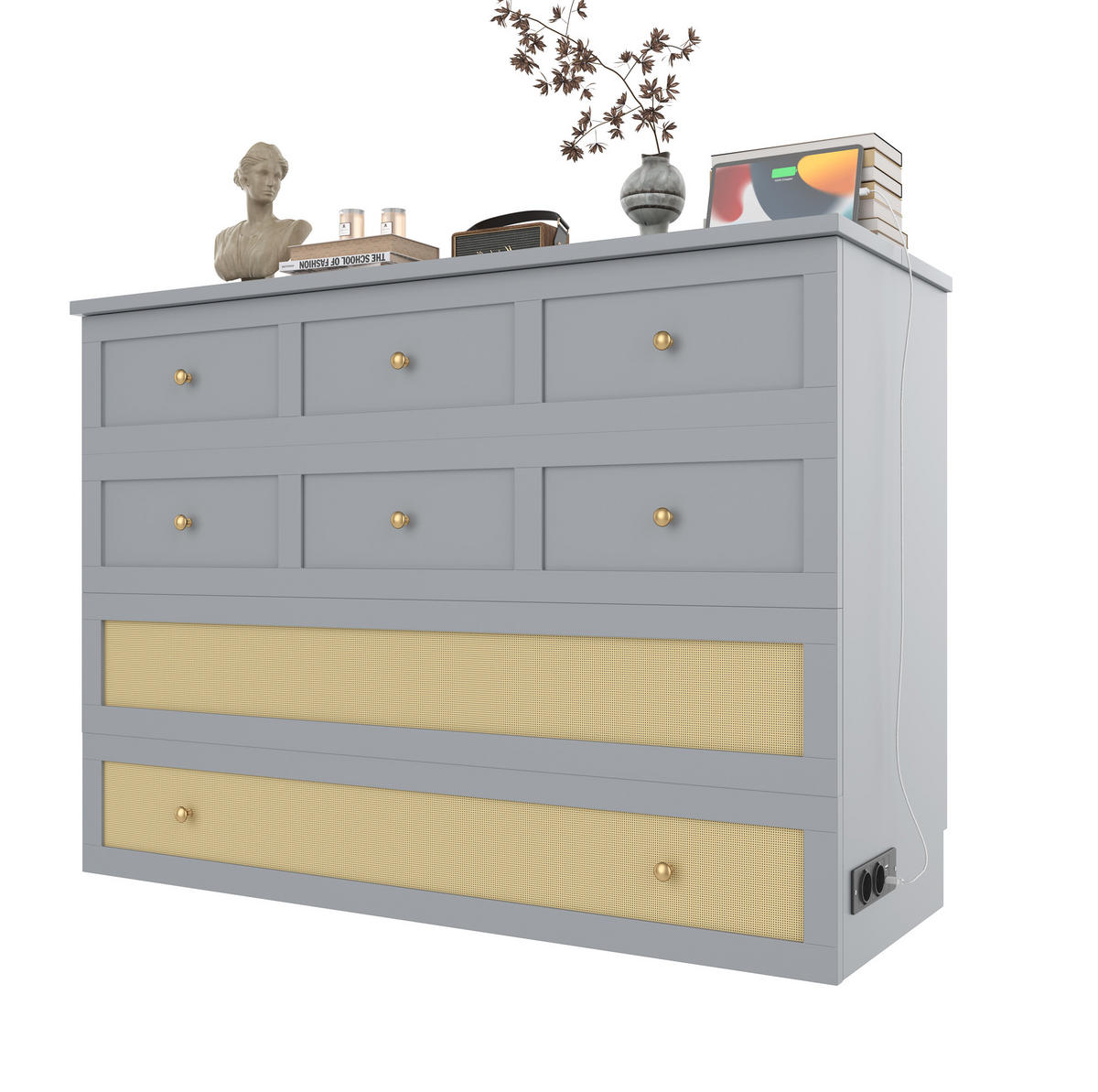 SKŘÍŇOVÁ postel 140/200 cm šedá z MDF s USB, zásuvkou a úložnými zásuvkami - šedá, kompozitní dřevo (140/200cm) - OKWISH