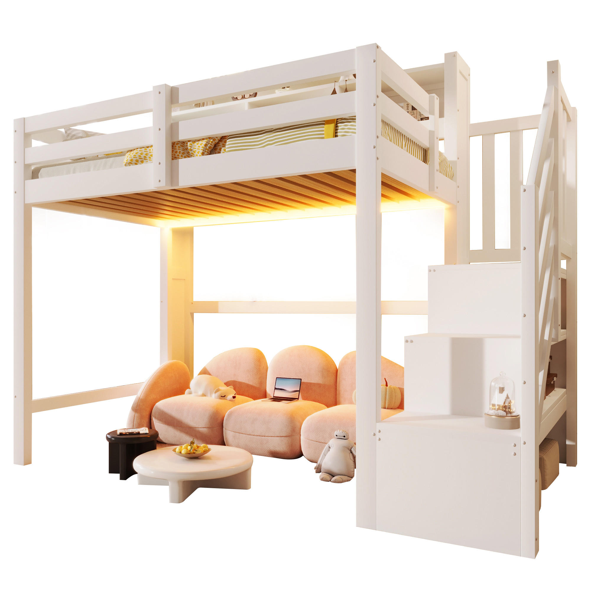 HOCHBETT mit Stauraum und LED 90x200 cm Weiß - Weiß, Holz (90/200cm) - Meubliv