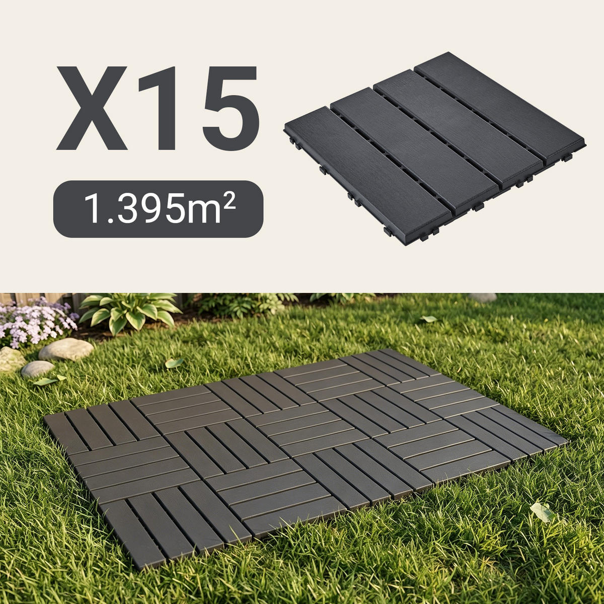 TERRASSENFLIESEN 15 Stück Grau 30.5x2x30.5 cm - Grau, Kunststoff (30.5/30.5/2cm) - SoBuy