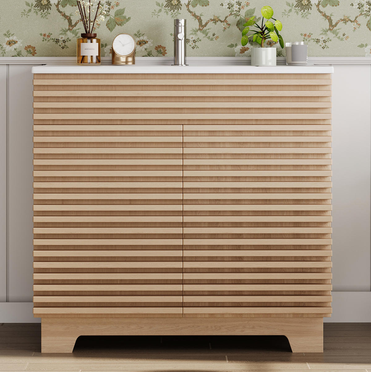 WASCHTISCHUNTERSCHRANK mit Keramikbecken 91 x 46 x 80 cm Natur - Naturfarben, Holzwerkstoff (46/80/91cm) - Beauniv