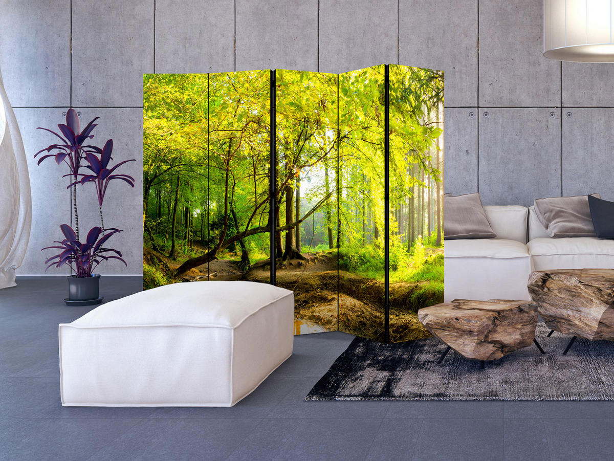 PARAVÁN Obojstranný 5-dielny 225x172 cm Rieka v Lese - sivá, drevo/textil (225/172/3cm) - Muralo