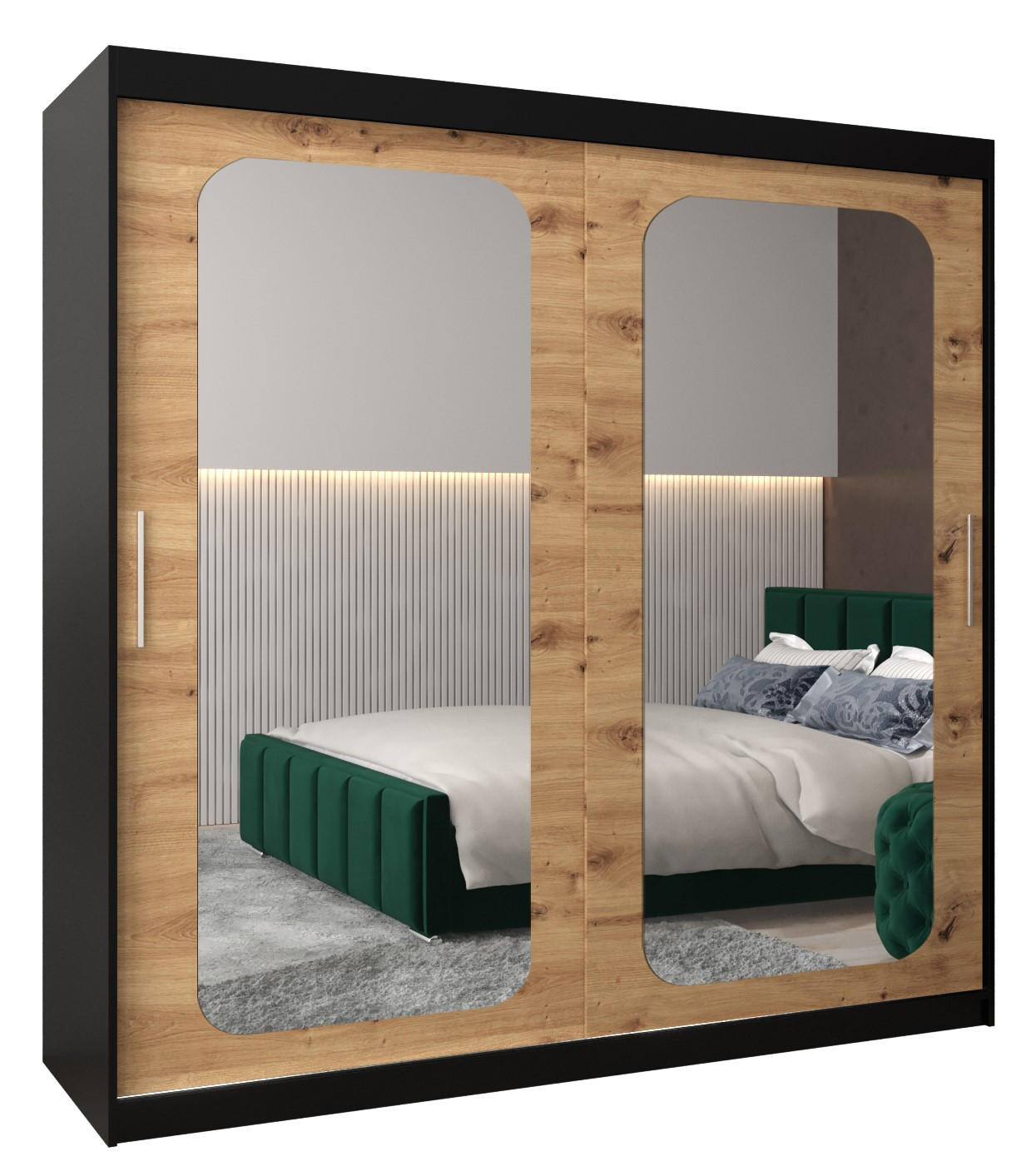 Abiks Möbel Schwebetürenschrank Schwarz, Eiche Artisan 200x200x62 cm