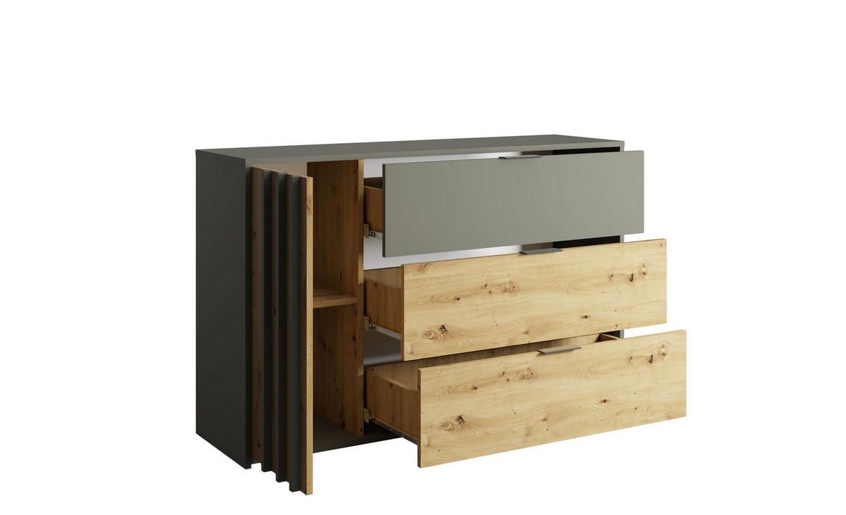 KOMMODE MERIDIAN 125/79,8/36,5cm mit 3 Schubladen 1 Türen Grau - Eichefarben/Grau, Holzwerkstoff (125/79.8/36.5cm) - MASSENO