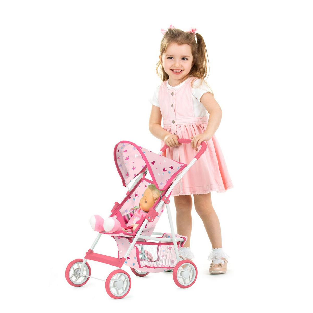 PUPPENWAGEN Alice rosa Sterne Aufbewahrungskorb, Sonnendach verstellbar, klappbar, 100% Polyester - Rosa, Metall (33/56/52cm) - Chipolino