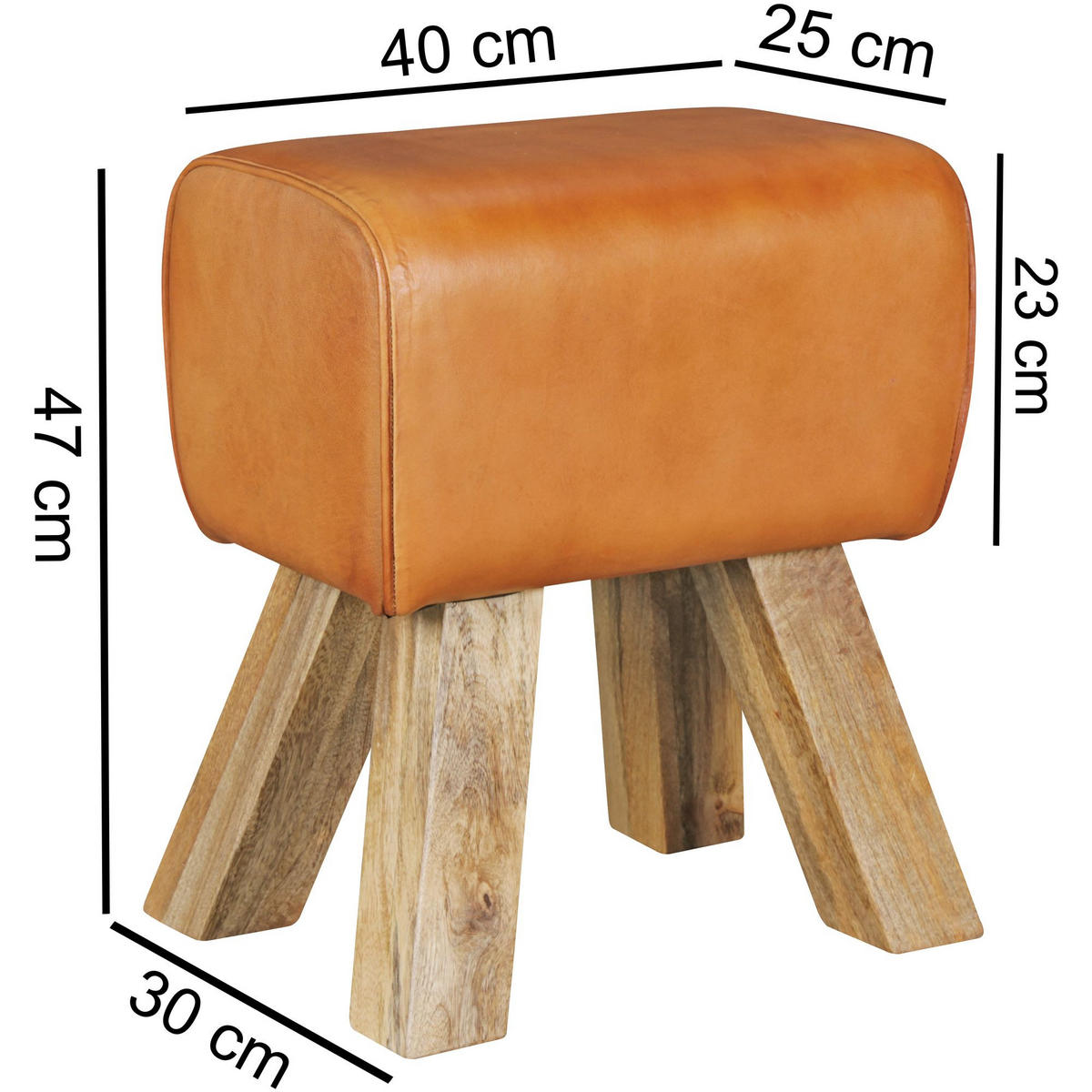 SITZHOCKER Retro Landhaus Holzbeine, Braun 40x30x47 cm - Braun, Mangoholz/Leder (40/47/30cm) - KADIMA DESIGN