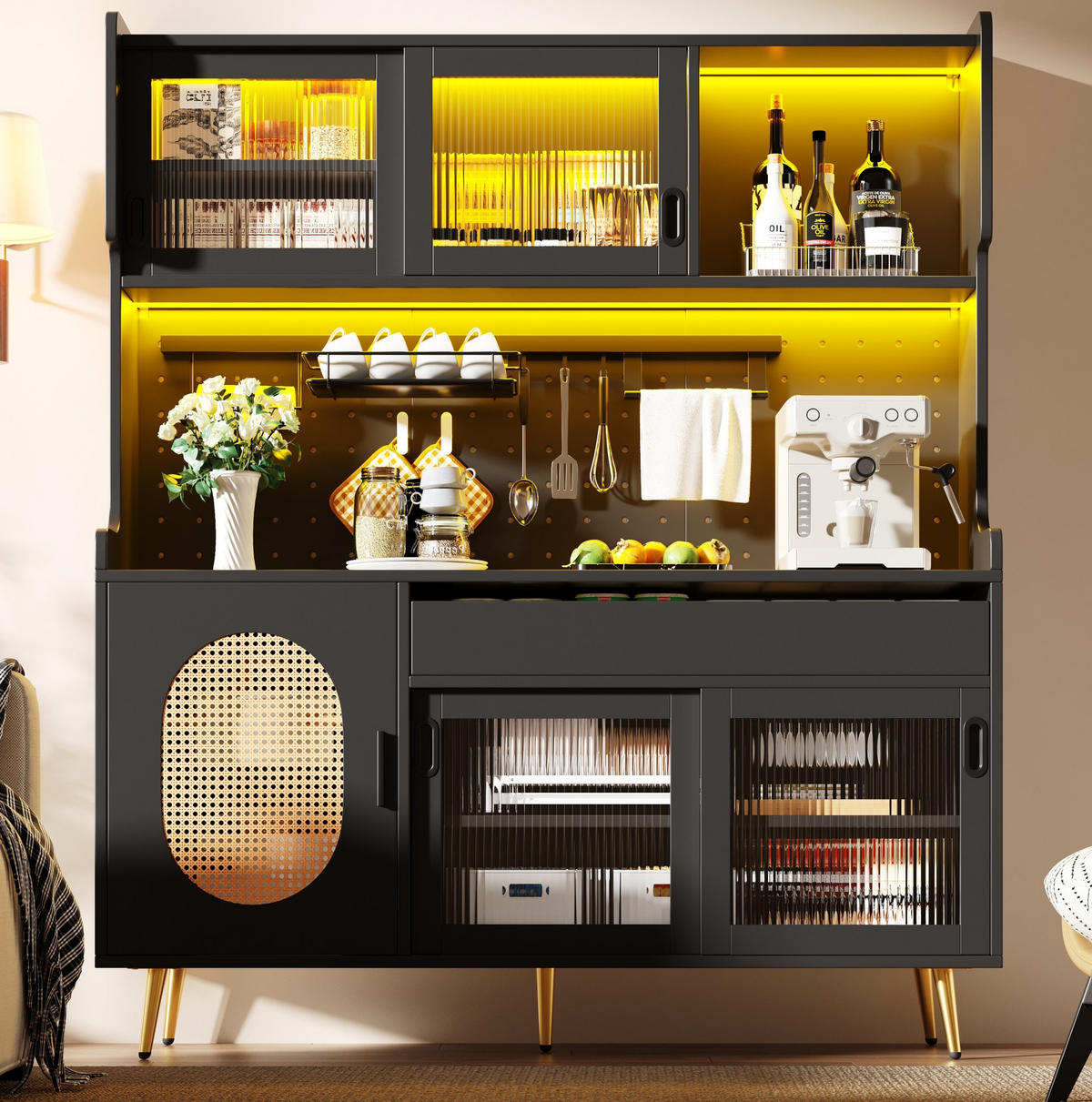 BUFFET 145/39/171 cm aus MDF mit LED-Lichtleiste Schwarz - Schwarz, Holzwerkstoff (145/171/39cm) - Modenvie