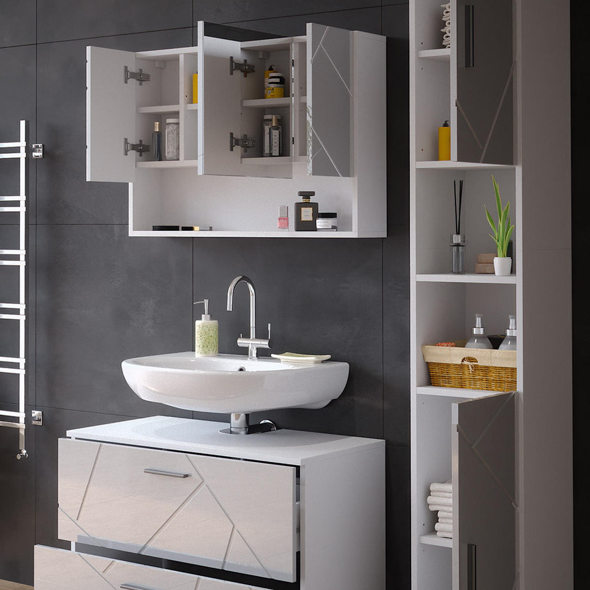 BADMÖBEL-SET Irma Weiß Hochglanz 3 Teile, mit Spiegelschrank 80 cm - Weiß Hochglanz/Weiß, Holzwerkstoff (80/58.6/41cm) - Vicco