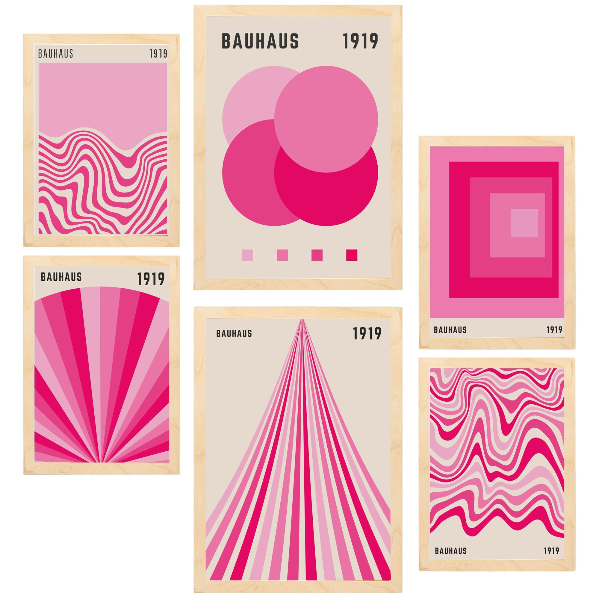POSTER Set Mit 6 Geometrische Bauhaus Formen In Leuchtenden Farben In Pink & Fuchsia A3 & A4 Rahmen Aus Hellem Holz - Beige, Papier (29/3cm) - Nacnic