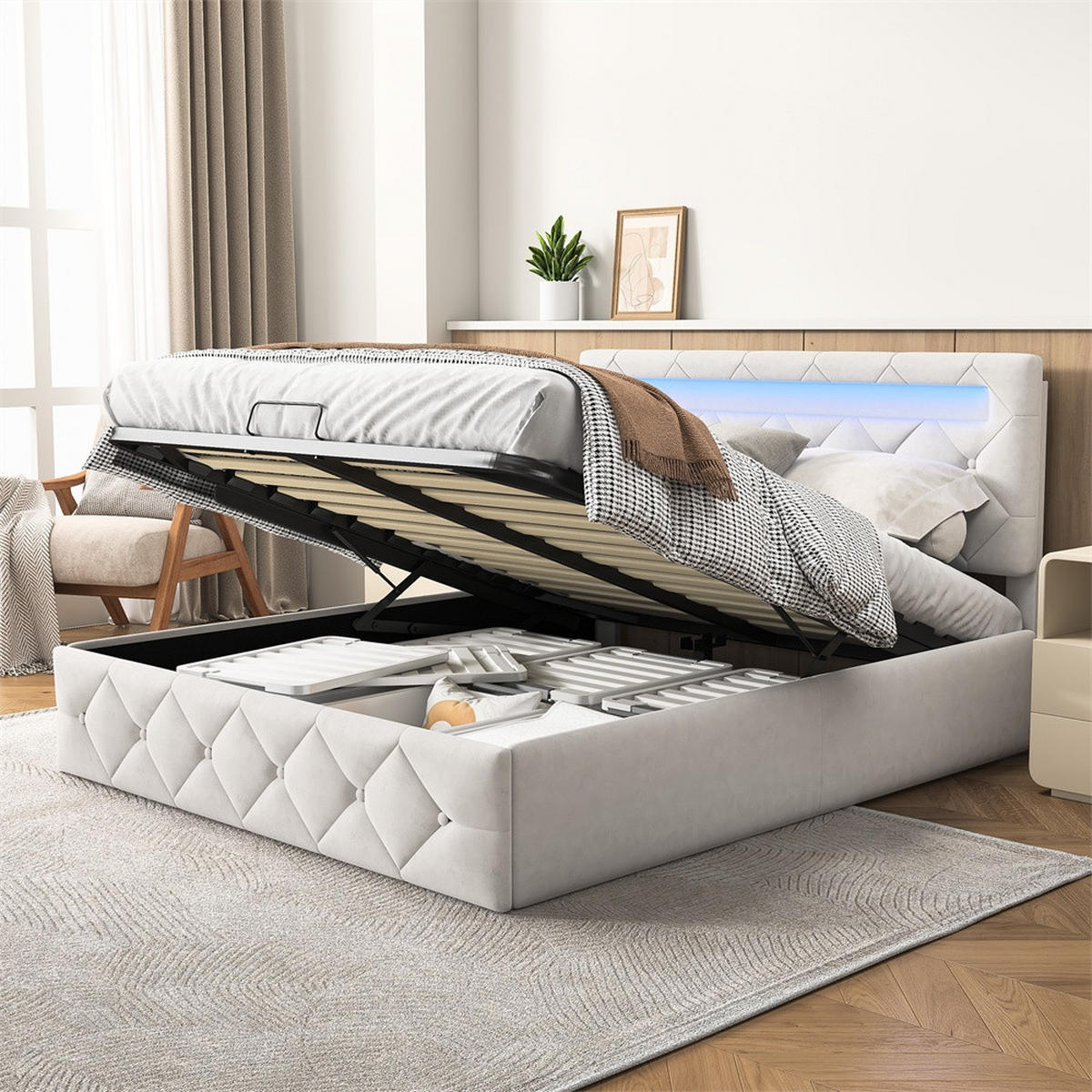 POLSTERBETT 160x200 cm - mit LED-Beleuchtung und hydraulischem Bettkasten - ohne Matratze - Samt - Creme, Textil (160/200cm) - DELFA