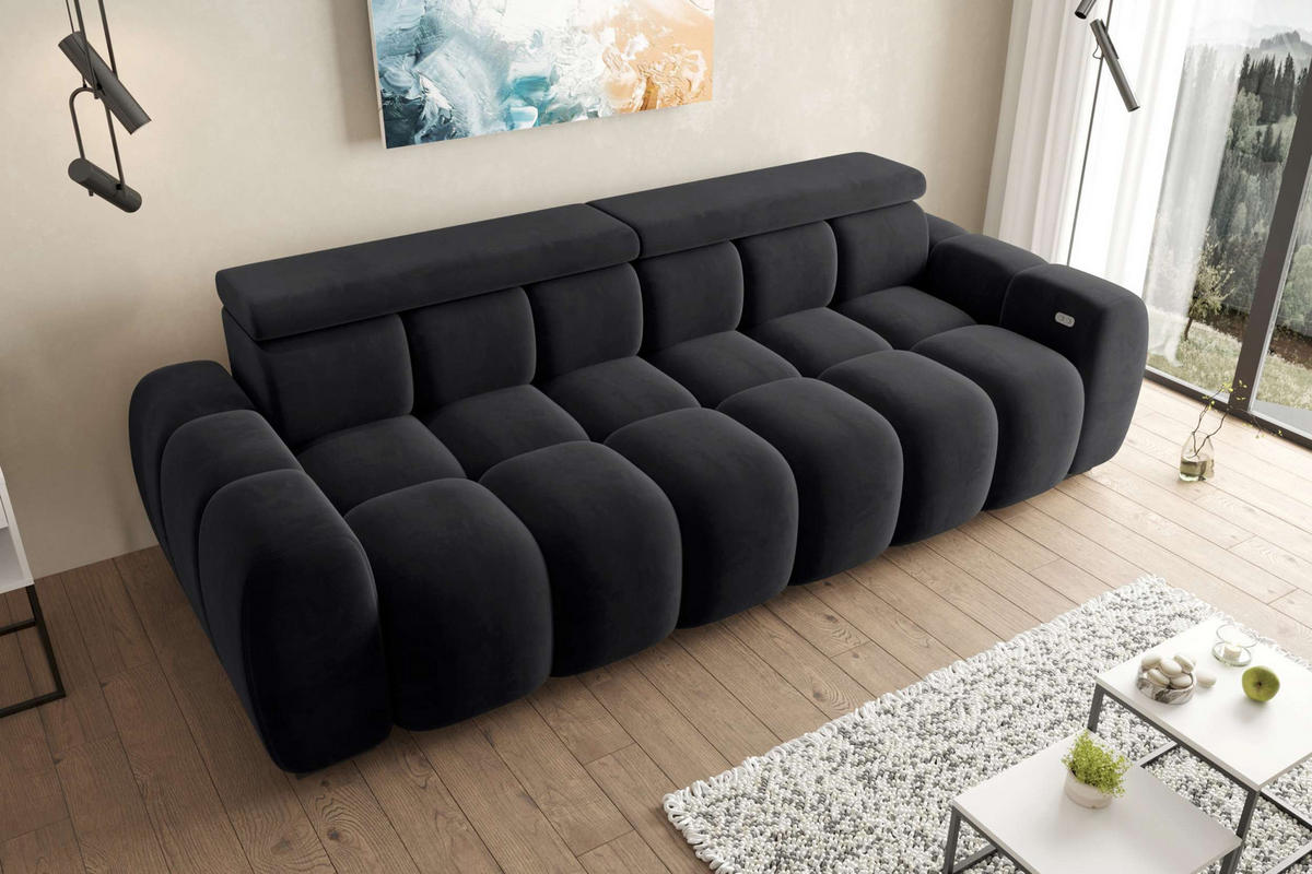 BIGSOFA ALESSIO Velours Schwarz mit elektrischer Sitztiefenverstellung - Schwarz, Kunststoff/Textil (248/77/108cm) - 99rooms