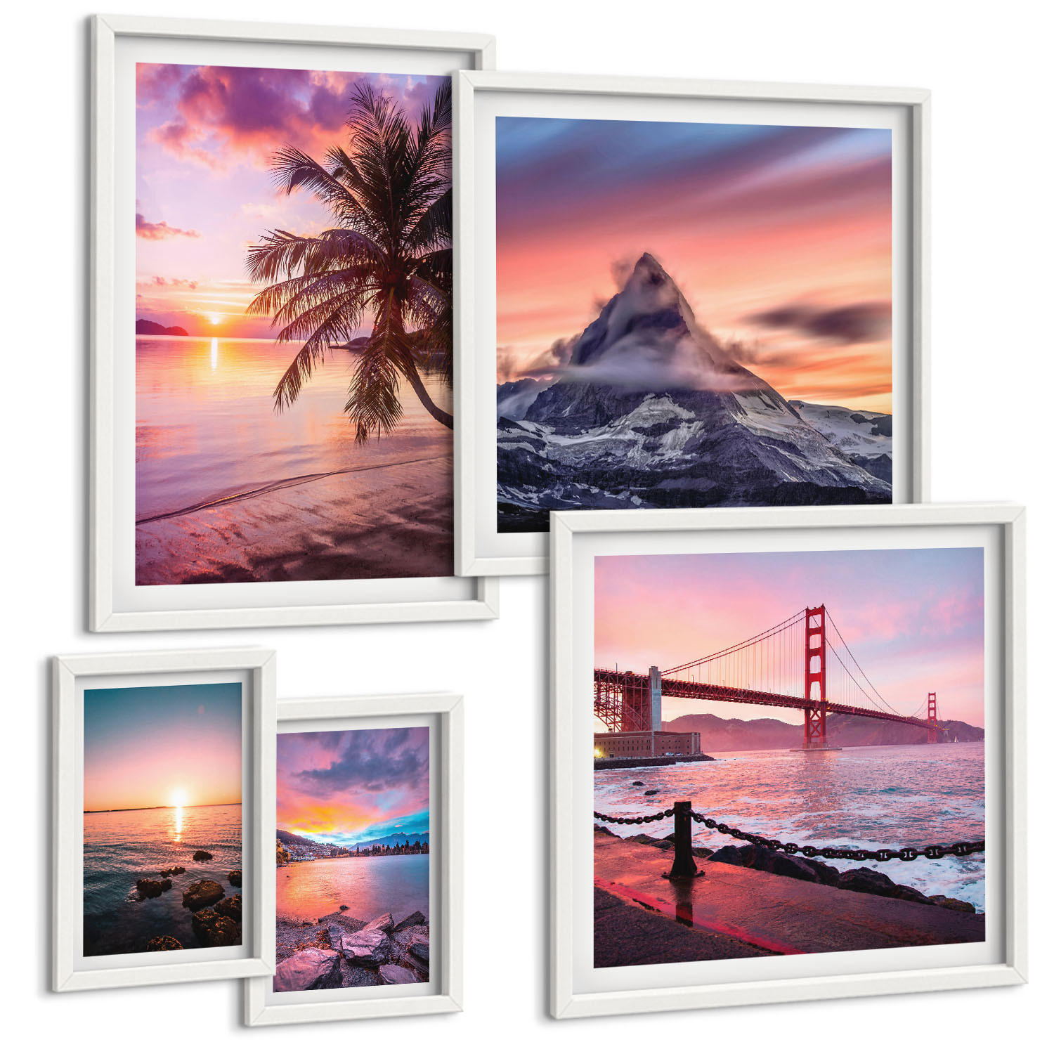 BILDER SET 5er Set - 50x50 cm & 20x30 cm & 40x60 cm Weißer Rahmen - Rosen, Champagner, Marmor, Pastell - Weiß, Kunststoff (40/60cm) - TULUP