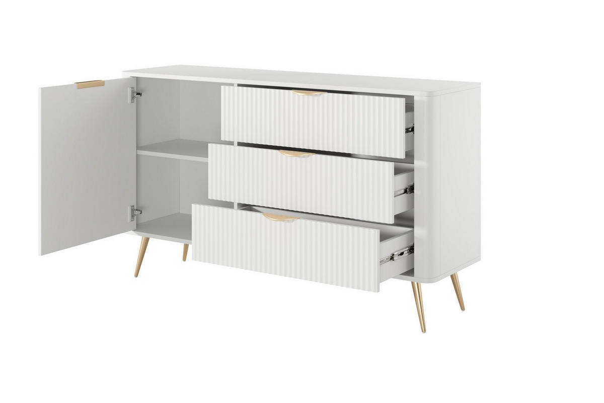 SIDEBOARD Kommode Flore 138 cm Weiß / Gold - mit 3 Schubladen und 1 Tür - Gelb/Goldfarben, Holz/Holzwerkstoff (138/81/38cm) - Ravio