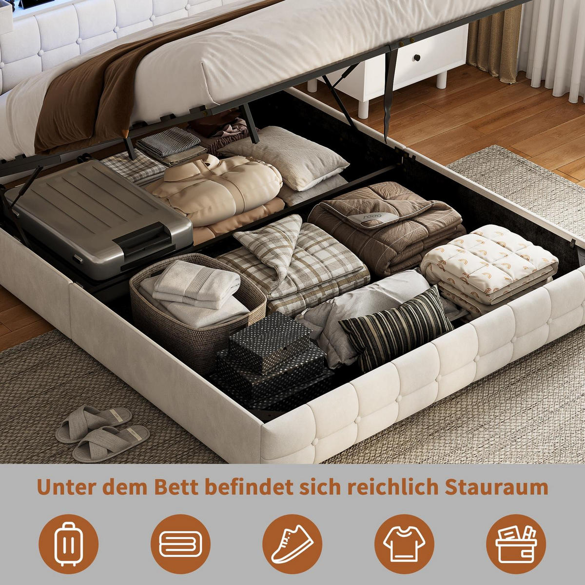 BETT mit hydraulischem Bettkasten, 160/200 cm, mit Samtbezug, LED-Beleuchtung und USB-Anschlüssen, Beige - Beige, Textil/Metall (160/200cm) - Waldena