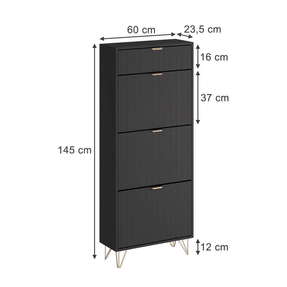 SCHUHSCHRANK Helge Schwarz 60 x 145 cm 3 Fächer - Schwarz, Holzwerkstoff (60/145/23.5cm) - Vicco