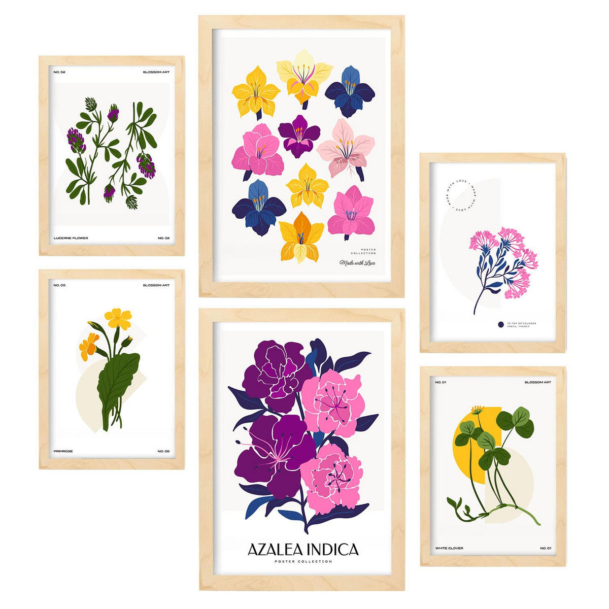 POSTER Set Mit 6 Florales Farbschema Größe A3 & A4 Rahmen aus hellem Holz - Beige, Papier (29.7/1cm) - Nacnic