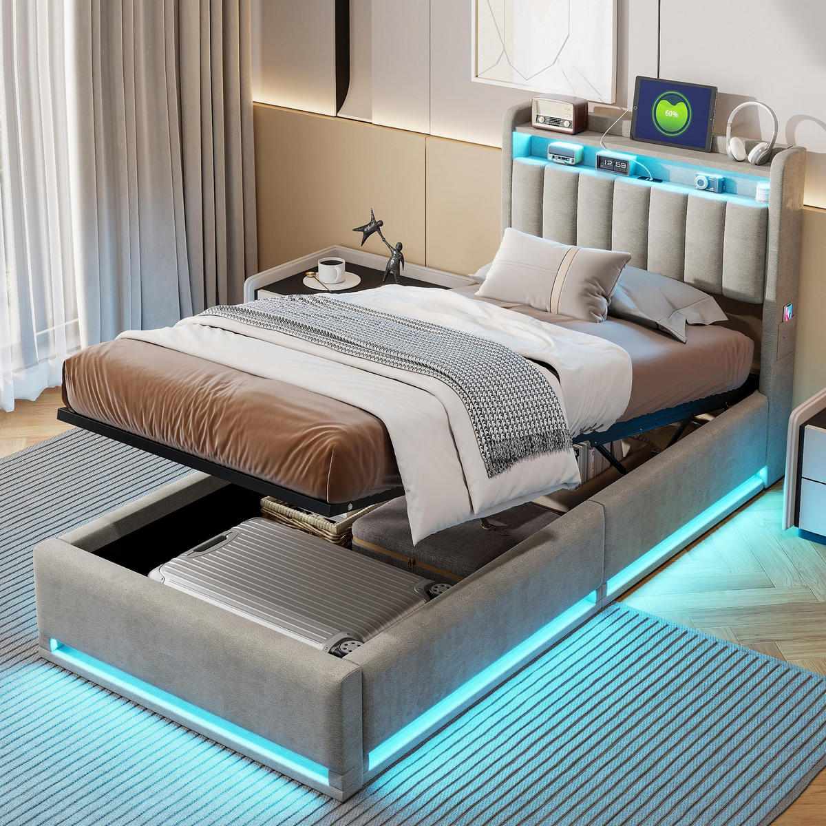 STAURAUMBETT 90/200 cm, mit LED-Beleuchtung, Kopfteil mit Stauraum, Regalen, Lattenrost aus Holz, Metallrahmen, gepolstertes Veloursbett, Grau - Grau, Textil (90/200cm) - Waldena