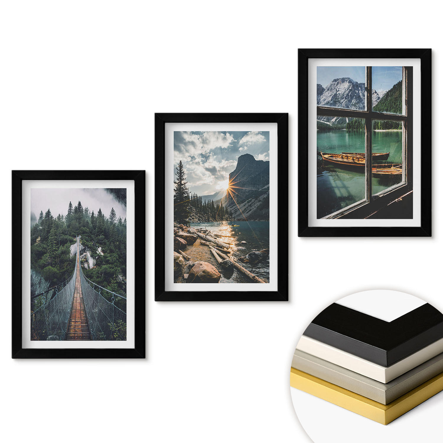WANDBILDER 3er-Set - 20x30 cm Schwarzer Rahmen - Brücke, Wald, See, Boote, Berge - Schwarz, Kunststoff (20/30cm) - ArtPrintCave