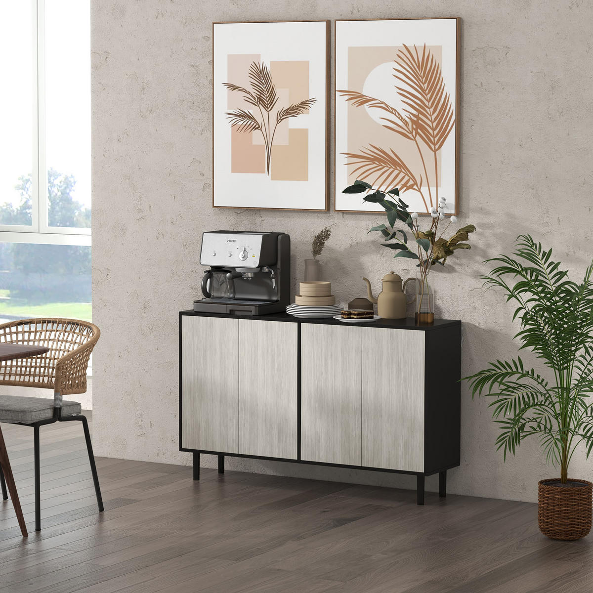 SIDEBOARD Schwarz und Grau, 2 Doppeltüren, 121/37/75 cm - Schwarz, Holz (121/75/37cm) - PANGIVO