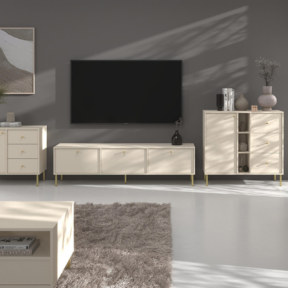 KOMMODE FLOREN, Creme/Gold - Creme, Holzwerkstoff/Metall (83.6/73.9/40.8cm) - KONSIMO®