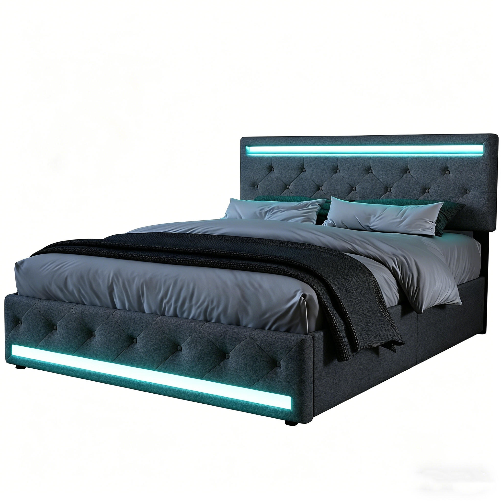 STAURAUMBETT Polsterbett 140x200 Leinen Dunkelgrau mit LED - Grau, Holz (140/200cm) - PARAFTA HOME