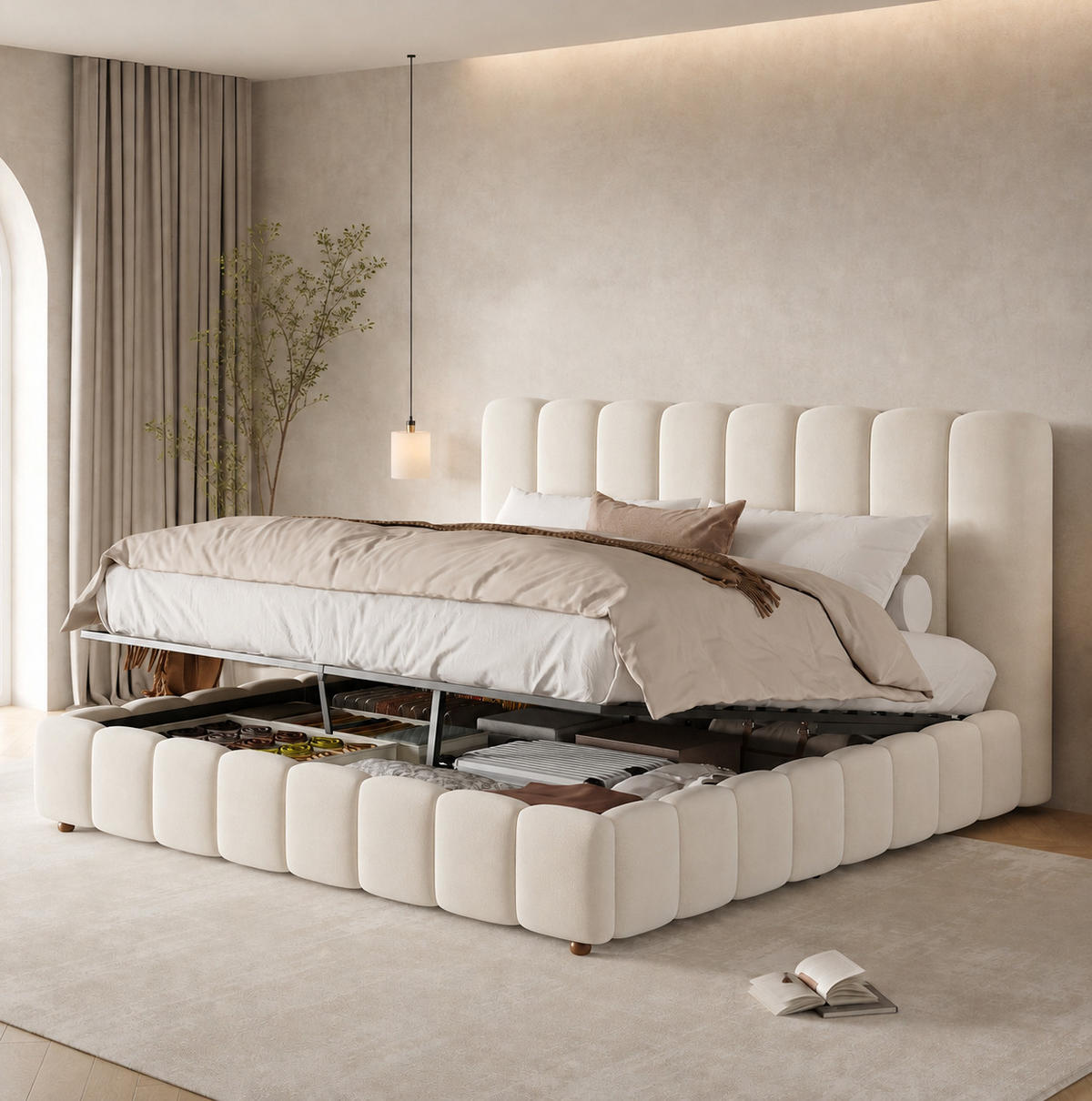 POLSTERBETT aus Samt 160x200 cm Beige mit hydraulischem Bettkasten und Lattenrost - Beige, Textil (160/200cm) - IVMEU