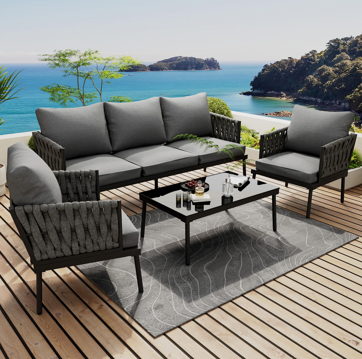 LOUNGE-SET 180/68/66 cm grau aus Polyester mit Glas-Couchtisch und Seilarmlehnen - Grau, Textil - OKWISH