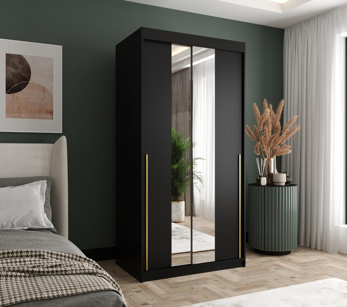 SCHIEBETÜRENSCHRANK mit Spiegel 100 cm Breite, schwarz mit goldenem Griff - Goldfarben/Schwarz, Holzwerkstoff (100/200/62cm) - Home Collective