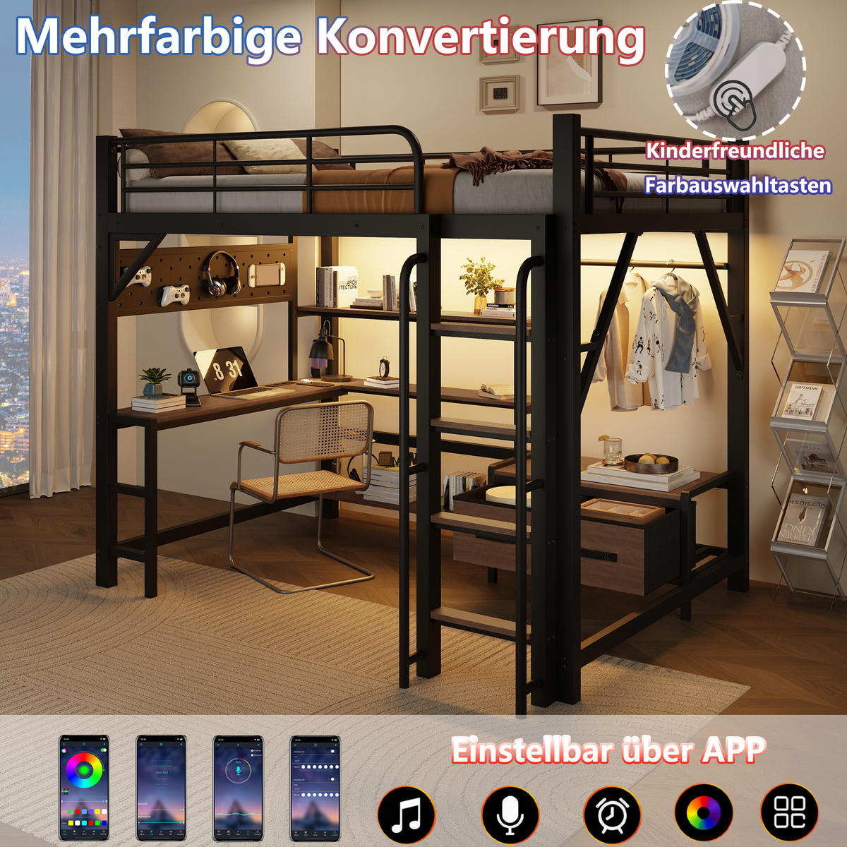 HOCHBETT 140x200cm, Eisen, Lochwand, Regale, Schubladen, Schreibtisch, USB, LED, Geländer, ohne Matratze, Schwarz - Schwarz, Holzwerkstoff (140/200cm)