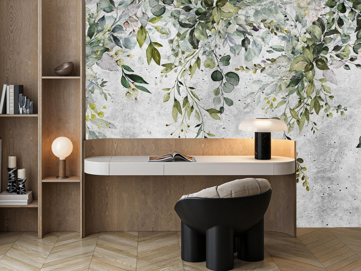 FOTOTAPETE Blätter auf Beton Abstraktion Vintage 350x256 - Grau/Grün, Papier (350/256cm) - Muralo