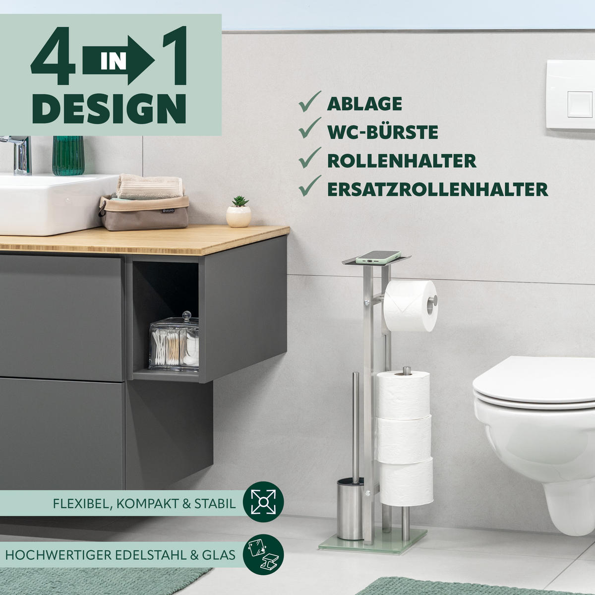 STAND-WC-GARNITUR 4IN1, Edelstahl - Edelstahlfarben, Metall (28/67/20cm) - eluno