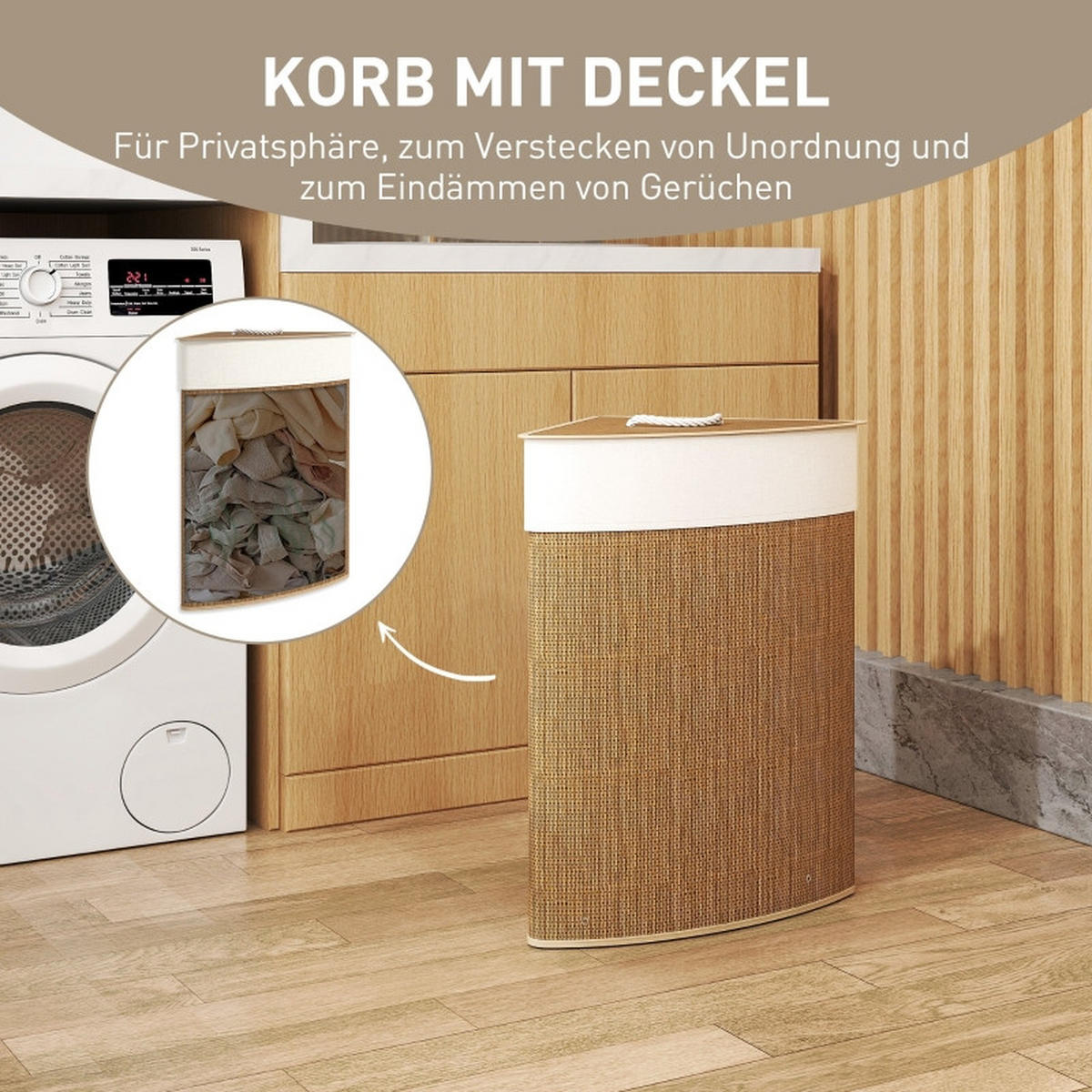 WÄSCHEKORB Bambus 55 L Ecke mit Deckel – Wäschesammler mit herausnehmbarem Sack, für Bad, Schlafzimmer & Waschküche, Braun - Braun, Holz (35/60/35cm) - Ej. Life