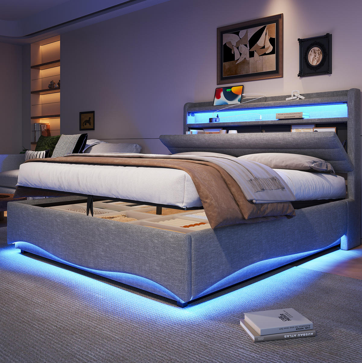 POLSTERBETT mit LED-Beleuchtung 140/200 cm mit Bettkasten & USB-C - Beige, Textil (140/200cm) - BEAOK