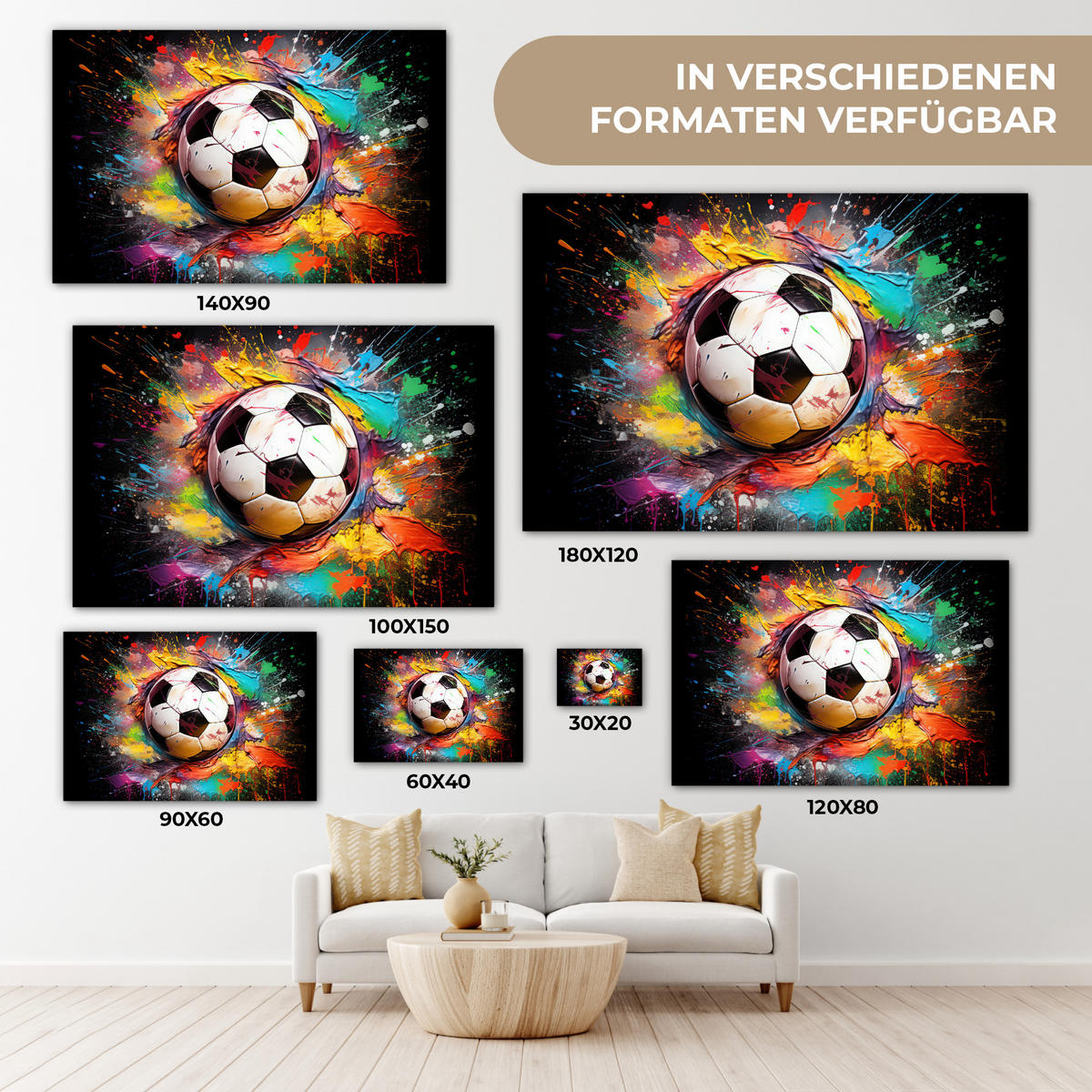 LEINWANDBILD Fußball - Farbe - Farben - Schwarz - Weiß Groß 140x90 cm - Weiß, Textil (140/90cm) - MuchoWow