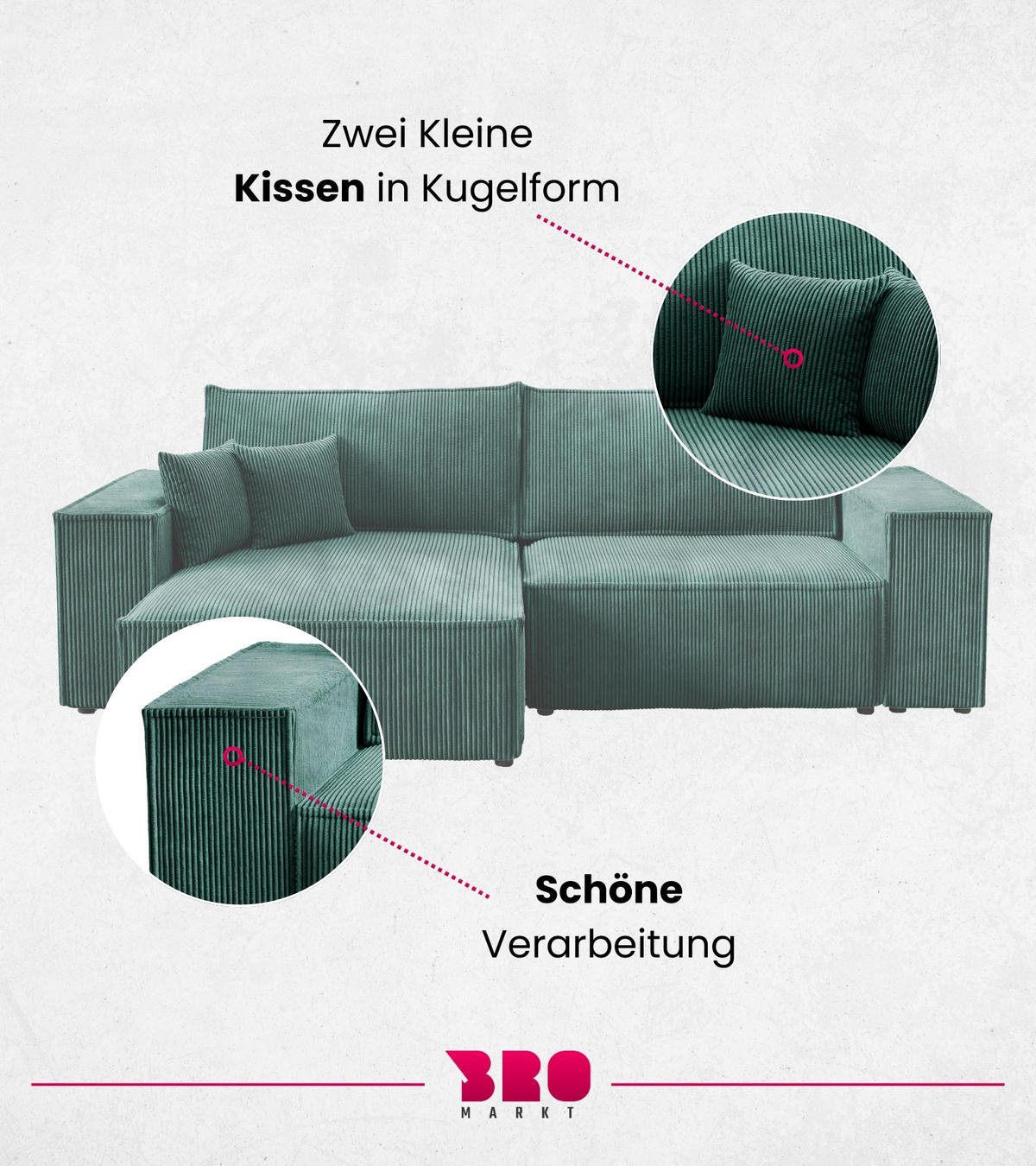 ECKSOFA Pedro mit Schlaffunktion Grün Cord - Grün, Textil (255/153cm) - Bromarkt