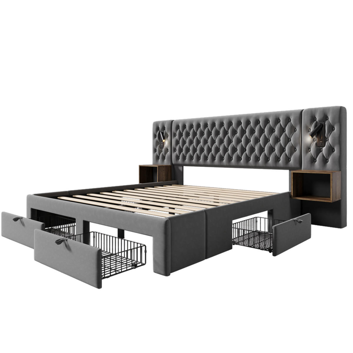 SAMT-POLSTERBETT 160/200 cm mit 4 Schubladen, Leselicht und USB, Grau - Grau, Textil (160/200cm) - BEAOK