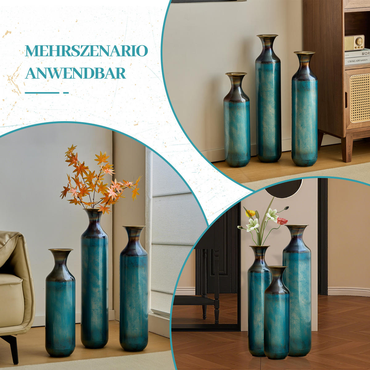 BODENVASE 3-tlg Metallvase 52-72cm Blaugrün-Patina Bodenvase Deko-Vase Trockenblumen - Grün, Metall (78.1cm) - Raelunyi