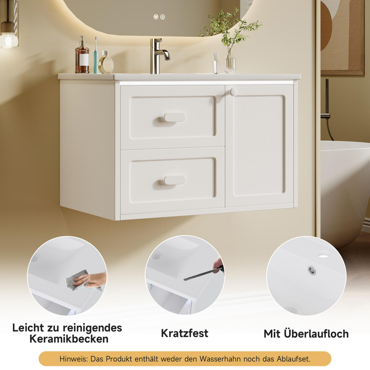 BADEZIMMER-HÄNGESCHRANK 76×46×51 cm, weiß, lackiert, mit LED-Radarsensor-Beleuchtung, 2 Schubladen, leisen Gleitschienen und integriertem Waschbecken - Weiß, Holzwerkstoff (46/51/76cm) - Ej. Life