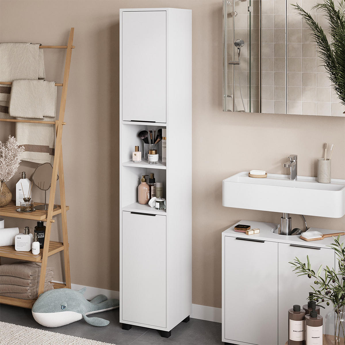 BADSCHRANK Alina Weiß 30 x 176 cm mit 2 Türen - Weiß, Holzwerkstoff (30/176/30cm) - Vicco