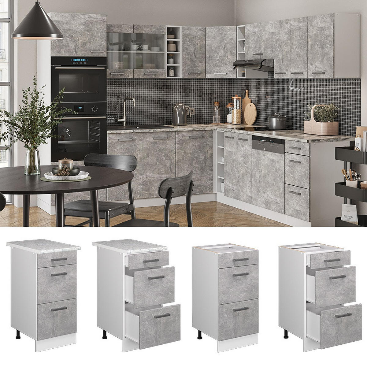 KÜCHENUNTERSCHRANK R-Line Beton 40 cm mit Schubladen, AP Eiche - Weiß/Grau, Holzwerkstoff (40/81.6/60cm) - Vicco