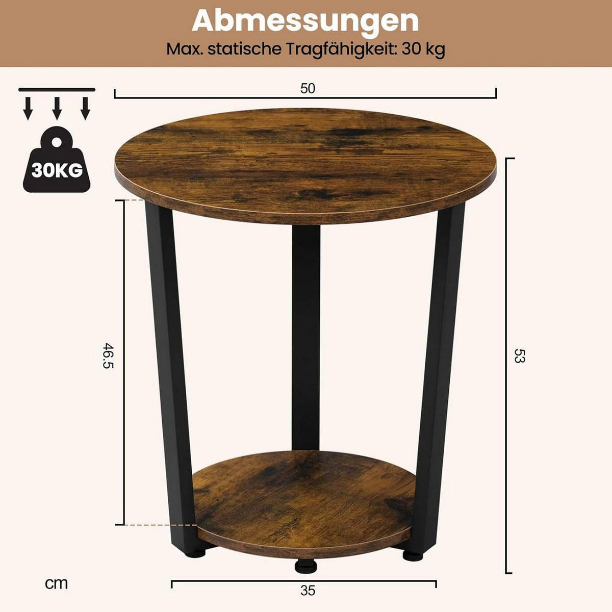 COUCHTISCH rund, mit 2 Ablagen, Rustikales Braun - Nussbaumfarben, Holzwerkstoff/Metall (50/50/53cm) - Woltu