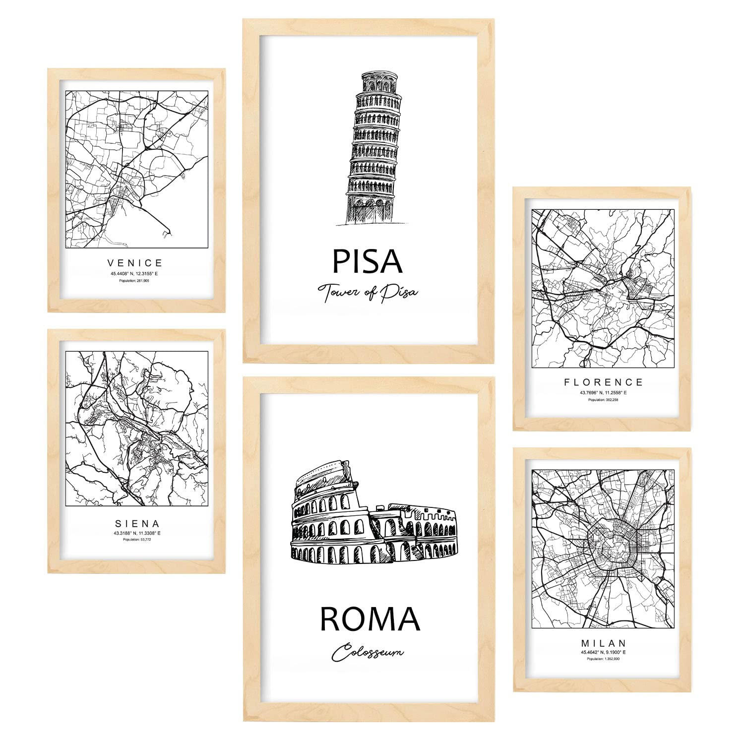 POSTER Set Mit 6 Drucke Von Italien Von Karten In Schwarz Weiß A3 & A4 Rahmen Aus Hellem Holz - Beige, Papier (29/3cm) - Nacnic