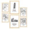 POSTER Set Mit 6 Drucke Von Italien Von Karten In Schwarz Weiß A3 & A4 Rahmen Aus Hellem Holz - Beige, Papier (29/3cm) - Nacnic
